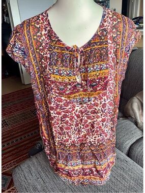 Lucky Brand Cap-sleeve Floral Print Top, Sz XL